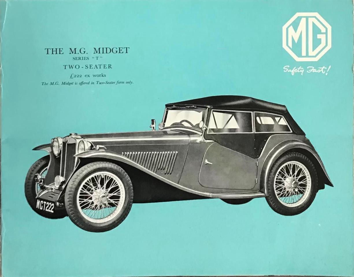 1937 MG sales brochure cover, showing an illustrated M.G. Midget Series T two-seater on a turquoise ground with the MG octagon badge.